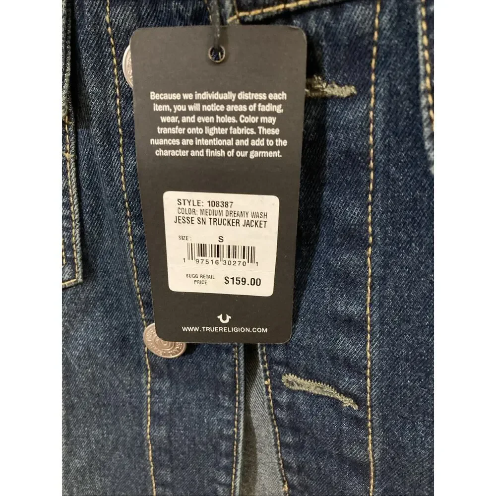 True Religion Men’s Jesse SN Trucker Jean‎ Jacket Sz S NWT Blue Med. Wash Denim